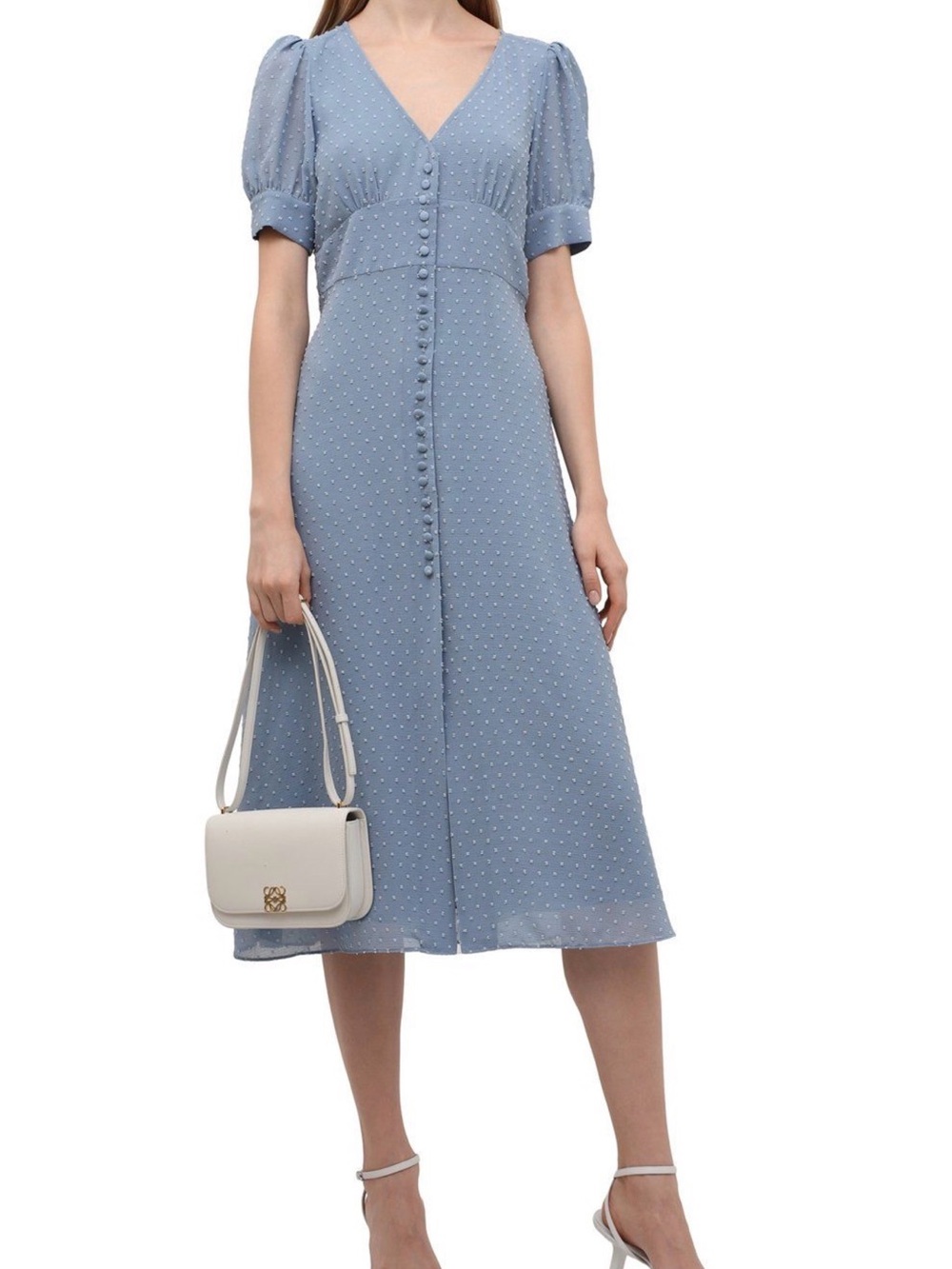Michael Kors Powder Blue V-Neck Puff Sleeve Midi Dress